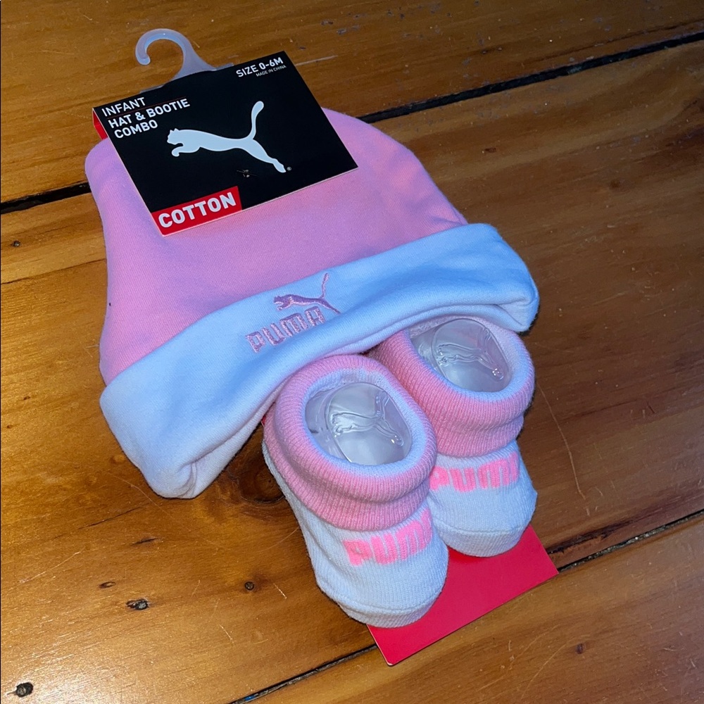 NWT Puma Baby Pink and White Hat and Bootie Combo
